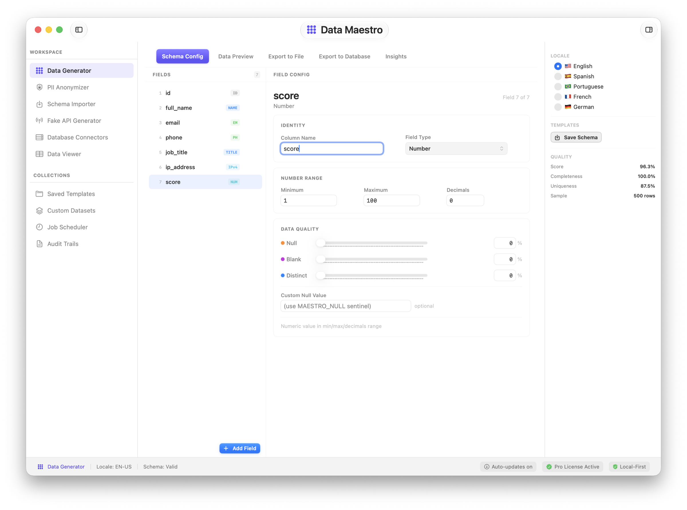 Data Maestro's Data Generator panel, showing the schema field list on the left and field configuration with data quality controls on the right